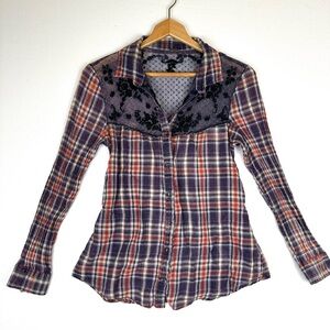 Free People  Saddle Up Plaid lace Lightweight Button-down Shirt